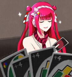 Rule 34 | 1girl, beatmania iidx, bemani, closed eyes, commentary request, grey background, headphones, highres, imminent uno loss (meme), jewelry, long hair, meme, necklace, necktie, open mouth, pearl necklace, prop is god, red hair, red necktie, smile, solo, sparkle, striped necktie, umegiri ameto, uno (game), upper body