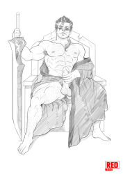 00s 1boy abs auron bara barefoot body_hair erection final_fantasy final_fantasy_x fitting full_body glasses hand_on_penis highres looking_at_viewer male_focus masturbation muscular nipples pectorals penis penis_grab rumzrumz scar solo testicles