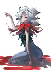 Rule 34 | 1girl, absurdres, ailu elf, bare arms, barefoot, blood, blood on clothes, blood on face, blood on hands, commentary request, curtained hair, dress, facial mark, forehead mark, from side, full body, half-closed eyes, highres, houjuu chimi, leaf, light smile, medium hair, multicolored hair, parted lips, partial commentary, pool of blood, solo, touhou, two-tone hair, white background