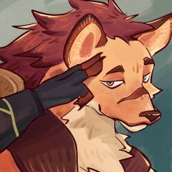 1boy absurdres afk_(series) afk_journey armor brown_fur commentary english_commentary fingerless_gloves furry furry_male gloves green_eyes highres hyaku_inu hyena_boy hyena_ears looking_at_viewer male_focus mane odie_(afk) pauldrons salute scar scar_on_face scar_on_nose shoulder_armor single_pauldron smile two-finger_salute upper_body