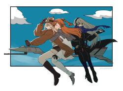 3girls adjusting_eyewear animal_ear_headwear animal_ears ankle_boots arms_around_waist aviator_cap bird bird_on_hand bkornblume black_dress black_footwear black_gloves blonde_hair blue_pantyhose blue_scarf blue_sky boots border broom broom_riding brown_gloves brown_hat brown_jacket brown_shorts checkered_hairband closed_eyes cloud coat_dress covered_mouth day dress fake_animal_ears floating_hair from_side full_body fur-trimmed_shorts fur_trim gloves goggles goggles_on_headwear grey_cloak grey_footwear grey_hair hairband hand_on_eyewear hand_up hat headphones high_heels highres hug hug_from_behind humpnie jacket knee_boots lilya_(reverse:1999) long_hair long_sleeves looking_ahead looking_at_animal mechanical_broom multiple_girls orange_hair outside_border pants pants_under_dress pantyhose profile reverse:1999 scarf scarf_over_mouth short_dress short_shorts shorts sidesaddle sky sonetto_(reverse:1999) sweat twitter_username two_side_up very_long_hair white_border white_dress