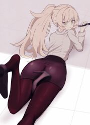 Rule 34 | 1girl, black pantyhose, blonde hair, blue archive, fluffy hair, freshd 0325, green eyes, halo, high heels, highres, holding, holding pointer, long hair, long sleeves, looking at viewer, looking back, lying, on stomach, pantyhose, pointer, ponytail, professor niyaniya (blue archive), shirt, solo, white shirt, yellow halo