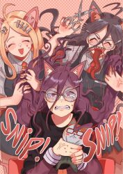 3girls ^_^ ahoge akamatsu_kaede alternate_costume animal_ears barber_cape blonde_hair blush breast_pocket cat_ears cat_girl clenched_teeth closed_eyes collared_shirt cutting_hair danganronpa_(series) danganronpa_another_episode:_ultra_despair_girls danganronpa_v3:_killing_harmony eyelashes fish_hair_ornament fukawa_toko genocider_shou gouboot hair_ornament hairclip highres holding holding_another&#039;s_hair holding_scissors in-franchise_crossover long_hair long_sleeves long_tongue mismatched_pupils multiple_girls necktie non-web_source open_mouth pocket purple_eyes purple_hair red_necktie scissors sharp_teeth shirt smile sound_effects squeezing striped_clothes striped_shirt stuffed_animal stuffed_toy sweat tearing_up teeth tongue tongue_out upper_teeth_only v-shaped_eyebrows veins