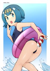 1girl :o absurdres anal anal_beads anal_object_insertion ass black_one-piece_swimsuit blue_eyes blue_hair bright_pupils commentary dildo female_masturbation hairband hand_up highres holding holding_sex_toy innertube knees_together_feet_apart lana_(pokemon) looking_back masturbation motion_lines nintendo no_sclera object_insertion one-piece_swimsuit oozutsucannon open_mouth pokemon pokemon_sm pulling purple_innertube sex_toy short_hair solo swim_ring swimsuit teeth tongue upper_teeth_only water water_drop white_pupils yellow_hairband