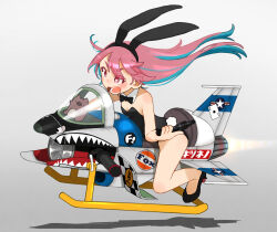 1girl animal_ears bare_legs black_bow black_bowtie black_leotard blue_hair bow bowtie breasts fake_animal_ears get gradient_background grey_background gun kitsuneno_denpachi leotard multicolored_hair open_mouth original pink_hair red_eyes riding small_breasts snowmobile solo strapless strapless_leotard streaked_hair stuffed_animal stuffed_boar stuffed_toy teeth thick_eyebrows two-tone_hair weapon
