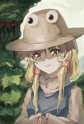 1girl absurdres blonde_hair blue_vest hat highres kornod long_sleeves medium_hair moriya_suwako shirt straw_hat touhou upper_body vest white_shirt yellow_eyes
