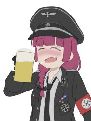 1girl alternate_costume armband black_bow black_cat03 black_gloves black_jacket black_necktie blunt_bangs blush bocchi_the_rock! bow braid breast_pocket buttons closed_eyes collar_tabs commentary cross cup drink facing_viewer fang fanged_bangs gloves hair_bow hat hat_ornament hiroi_kikuri holding holding_cup holding_drink iron_cross jacket lapels long_hair loose_necktie military_dress_uniform military_hat military_jacket military_uniform nazi necktie notched_lapels open_clothes open_collar open_jacket open_mouth peaked_cap pocket purple_hair red_armband reichsadler ribbon_bar shoulder_boards siegrunen simple_background single_braid skull_and_crossbones skull_hat_ornament solo ss_insignia swastika totenkopf unbuttoned unbuttoned_jacket upper_body waffen-ss white_background white_necktie world_war_ii