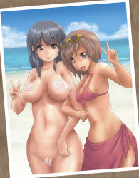 Rule 34 | 2girls, ao usagi, beach, bikini, black eyes, black hair, blue sky, breasts, breasts apart, brown hair, cleavage, cleft of venus, clothed female nude female, cloud, collarbone, crotch grab, day, eyewear on head, fat mons, female focus, front-tie bikini top, front-tie top, ghost, grabbing another&#039;s breast, grey eyes, groping, happy, horizon, inverted nipples, large breasts, locked arms, long hair, looking at viewer, matching hair/eyes, medium breasts, multiple girls, navel, nipples, nude, nudist, ocean, open mouth, original, outdoors, photo (object), pink sarong, polka dot, polka dot bikini, polka dot swimsuit, puffy areolae, puffy nipples, pussy, sand, sarong, shore, short hair, sideboob, sidelocks, sky, smile, standing, sunglasses, sunglasses on head, swimsuit, tareme, translucent, unworn eyewear, v, water