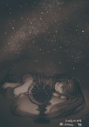 1girl child dated closed_eyes female_focus greyscale hantsuki_(ichigonichiya) highres long_hair lying monochrome on_side original planetarium projector sleeping solo twitter_username