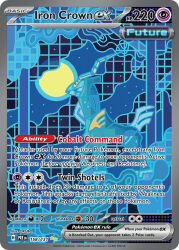 Rule 34 | artist name, black sclera, blue eyes, blue outline, card (medium), character name, colored sclera, company name, copyright name, copyright notice, english text, horns, iron crown, nintendo, no humans, non-humanoid robot, official art, okubo (pokemon), outline, pokemon, pokemon (creature), pokemon card, pokemon focus, pokemon tcg, robot, robot animal, solo, third-party source, trading card
