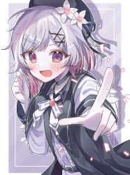 1girl :d absurdres black_hat black_shirt blush flower hair_flower hair_ornament hat highres looking_at_viewer mahou_shoujo_no_majo_saiban open_mouth pink_hair pointing pointing_at_viewer purple_background purple_eyes purple_hair sakuraba_ema shirt simple_background smile solo upper_body v-shaped_eyebrows white_flower yunagi_(yng_hoti)