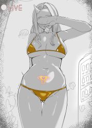 1girl absurdres aged_up bikini blush boku_no_hero_academia breasts commentary_request condom condom_in_mouth covering_own_eyes eri_(boku_no_hero_academia) gold_bikini greyscale highres horns large_breasts long_hair monochrome mouth_hold navel pubic_tattoo ryuugu2000 single_horn solo spot_color sweat swimsuit tattoo
