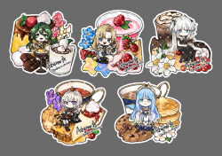 asha_in_erinn blony_(mabinogi) cake coffee cookie eremon_(mabinogi) etain_(mabinogi) food fruit highres mabinogi milk_tea nao_(mabinogi) pudding scone strawberry tanilliem_(mabinogi) tea waffle