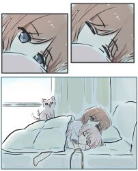 2girls bang_dream! bang_dream!_it&#039;s_mygo!!!!! brown_hair chihaya_anon closed_mouth commentary_request dog highres hug leash long_hair lyy multiple_girls nagasaki_soyo pink_hair sidelocks sleeping under_covers yuri