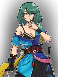 1girl bare_shoulders belt black_bra black_robe blue_robe bra breasts dead_or_alive dead_or_alive_6 fingerless_gloves fingers_to_chin gloves green_eyes green_hair highres large_breasts paddy_g_(terrybrogard) robe short_hair tamaki_(doa) traditional_clothes underwear