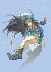 1girl absurdres belt bingxue_qiu_w black_boots black_hair blue_background blue_eyes blue_jacket blue_skirt boots chinese_commentary commentary_request dagger floating floating_hair from_below from_side full_body fur-trimmed_jacket fur_trim hair_ornament hairclip hands_up highres holding holding_dagger holding_knife holding_weapon jacket jacket_on_shoulders kagura_hikari knife long_hair long_sleeves looking_ahead miniskirt panties parted_lips pleated_skirt red_sash reverse_grip sash shoujo_kageki_revue_starlight shoulder_sash simple_background single_stripe skirt solo sparkle_hair_ornament string striped_clothes striped_skirt stuffed_animal stuffed_toy tassel teddy_bear underwear upskirt very_long_hair waist_cape weapon white_panties yellow_belt