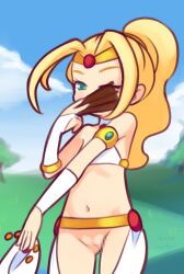 1girl 2023 20s bikini bikini_top_only blonde_hair bottomless bridal_gauntlets censored chloe_(drantyno) cloud drantyno flat_chest folding_fan grass green_eyes hand_fan hill holding holding_fan holding_unworn_clothes loli long_hair looking_at_viewer navel one_eye_closed original paper_fan pelvic_curtain ponytail pussy sidelocks sky standing swimsuit tiara tree white_bikini wink