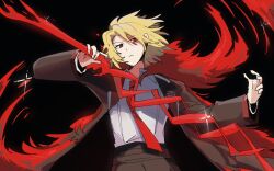 1girl black_background black_coat blonde_hair closed_mouth coat collared_shirt don_quixote_(project_moon) feather_boa gree_n holding holding_polearm holding_weapon limbus_company long_sleeves looking_at_viewer necktie parted_bangs polearm project_moon red_eyes red_necktie sancho_(project_moon) shirt short_hair simple_background solo upper_body weapon white_shirt