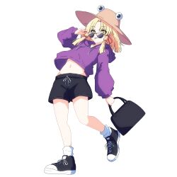 1girl absurdres adjusting_eyewear bag black-framed_eyewear blonde_hair contemporary full_body hair_ribbon handbag hat highres holding holding_bag hood hood_down hoodie long_sleeves looking_at_viewer midriff moriya_suwako pioartstuff purple_hoodie red_ribbon ribbon shoes short_shorts shorts simple_background sneakers socks solo sunglasses tongue tongue_out touhou white_background white_socks yellow_eyes