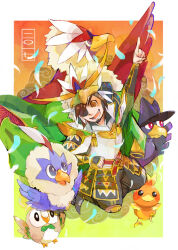 Rule 34 | armor, braviary, brown eyes, brown hair, date masamune, eyepatch, gen 2 pokemon, gen 3 pokemon, gen 5 pokemon, gen 7 pokemon, helmet, japanese clothes, kneeling, murkrow, nintendo, open mouth, pointing, pointing up, poke ball symbol, pokemon, pokemon conquest, rowlet, rufflet, sengoku musou, smile, torchic, yukimoto