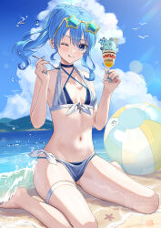 1girl ;q alternate_costume asymmetrical_sidelocks ball barefoot beach beachball bikini blue_bikini blue_choker blue_eyes blue_hair blue_sky choker cloud commentary_request criss-cross_halter cumulonimbus_cloud cup day double-parted_bangs eyewear_on_head hair_between_eyes halterneck highres holding holding_cup holding_spoon hololive hoshimachi_suisei layered_bikini looking_at_viewer medium_hair nakaneabura8623 navel ocean one_eye_closed outdoors ponytail side-tie_bikini_bottom sidelocks sitting sky smile solo spoon star_(symbol) star_in_eye stomach sunglasses swimsuit symbol_in_eye thigh_strap tongue tongue_out virtual_youtuber white_bikini