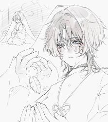 Rule 34 | 1boy, bishounen, blunt ends, bright pupils, cat, choppy bangs, clothing cutout, crying, crying with eyes open, eyelashes, eyeliner, eyeshadow, feathers, fingernails, genshin impact, grass, greyscale, hacwss, highres, japanese clothes, kariginu, layered sleeves, long sleeves, looking at object, makeup, male focus, monochrome, open hands, pants, pom pom (clothes), purple eyes, red eyeliner, red eyeshadow, scaramouche (genshin impact), scaramouche (kabukimono) (genshin impact), see-through clothes, see-through veil, seiza, shoulder cutout, sitting, sketch, solo, spot color, string, tears, veil, white pupils