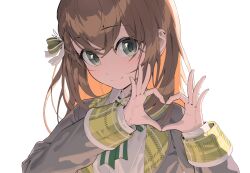 1girl absurdres blush bow braid brown_hair closed_mouth collared_shirt colored_inner_hair four-finger_heart_hands green_bow green_eyes green_ribbon hair_between_eyes hair_bow hair_ribbon hanasato_minori hands_up heart heart_hands highres itsuka_hanasaku_stage_e_(project_sekai) jacket long_hair long_sleeves looking_at_viewer multicolored_hair neck_ribbon official_alternate_costume project_sekai ribbon rui_(rei_leyi) shirt simple_background smile solo upper_body virtual_youtuber white_background white_shirt