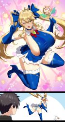 1boy 1girl ahoge altronage artoria_pendragon_(fate) artoria_pendragon_(lancer)_(fate) ass blonde_hair blush breasts comic crown curvy detached_sleeves fate/grand_order fate_(series) fujimaru_ritsuka_(male) green_eyes heart high_heels huge_breasts large_breasts long_hair magical_girl open_mouth panties ribbon sideboob striped_clothes striped_panties sweat thighhighs twintails underwear very_long_hair wand