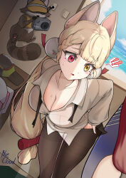 Rule 34 | !, !!, 1girl, absurdres, alice thymefield, animal ears, artist name, bent over, black pantyhose, blonde hair, bluecloud137, bow, bowtie, braid, braided bangs, breasts, brown shirt, camera, cleavage, clothes pull, collarbone, collared shirt, commentary, dutch angle, feet out of frame, hair ornament, heterochromia, highres, holding, holding camera, indoors, kamanosuke (zenless zone zero), large breasts, long hair, long sleeves, no pants, pantyhose, pantyhose pull, parted lips, raised inner eyebrows, red eyes, shirt, sphere hair ornament, spoken exclamation mark, sweat, tanuki, thighband pantyhose, undone bowtie, undressing, very long hair, voyeurism, yellow eyes, zenless zone zero