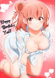 1girl :o absurdres arm_under_breasts blush breasts character_name cleavage collared_shirt commentary_request feet_out_of_frame hair_bun happy_birthday highres jksfs large_breasts looking_at_viewer medium_breasts naked_shirt orange_eyes orange_hair shirt single_hair_bun single_side_bun solo white_shirt yahari_ore_no_seishun_lovecome_wa_machigatteiru. yuigahama_yui