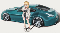 1girl absurdres black_shorts black_sports_bra blonde_hair blue_eyes bokuya breasts car cleavage closed_mouth commentary_request gyaru highres hood hooded_jacket jacket license_plate looking_at_viewer motor_vehicle nissan nissan_fairlady_z open_clothes open_jacket original shadow shoes shorts simple_background smile sneakers sports_bra sports_car white_background white_jacket white_shoes