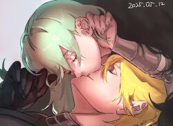 Rule 34 | 1boy, 1girl, armor, black armor, blonde hair, breastplate, closed eyes, closed mouth, dated, dimitri alexandre blaiddyd, dimitri alexandre blaiddyd (timeskip), female byleth (enlightened) (fire emblem), female byleth (fire emblem), fire emblem, fire emblem: three houses, green hair, hand in another&#039;s hair, hetero, kiss, lying, nintendo, on back, rimo67200894, smile, tucking hair, white background