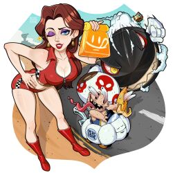 1boy 1girl alternate_costume artist_name banana banzai_bill blue_eyes boots breasts brown_hair cleavage cloud_9_(mario) collared_shirt crop_top dash_food earrings eyeshadow food fruit highres jewelry large_breasts long_hair long_tongue looking_at_viewer makeup mario_(series) mario_kart mario_kart_world nintendo one_eye_closed open_mouth pauline_(mario) percodine purple_eyeshadow red_boots red_lips red_shirt red_shorts shirt short_shorts shorts sleeveless sleeveless_shirt toad_(mario) tongue tongue_out