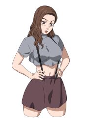 Rule 34 | 1girl, antoniomalara, arms down, arms on waist, belly, blonde hair, blush, blush stickers, breasts, brown hair, closed mouth, crop top, highres, initial d, long hair, looking at viewer, medium breasts, midriff, navel, sayuki (initial d), shin gekijouban initial d, shirt, short sleeves, skirt, smile, standing