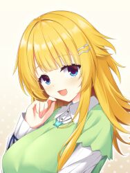 1girl :d asagi_nanami blonde_hair blue_eyes blunt_bangs blush breasts butterfly_necklace collared_shirt commentary_request eyelashes green_shirt hair_intakes hair_ornament hairclip hand_up happy highres jewelry large_breasts limelight_lemonade_jam long_hair long_sleeves looking_at_viewer necklace open_mouth parallel_hairclips shimakoshi_tsukimi shirt simple_background smile solo spiked_hair two-tone_shirt white_background white_shirt