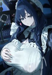 Rule 34 | 1girl, apron, black dress, blue eyes, blue hair, braid, breasts, cleavage, commentary, computer keyboard, covered erect nipples, desk, dotthebot, dress, frilled apron, frills, hair between eyes, hair intakes, hair over shoulder, half-closed eyes, hand on own chest, hat, headphones, heart, highres, hololive, hololive english, huge breasts, indoors, long hair, looking at viewer, low twin braids, maid, maid apron, microphone, microsoft windows, mob cap, monitor, official alternate costume, official alternate hairstyle, ouro kronii, ouro kronii (maid), outstretched arm, parted lips, partially unbuttoned, pocket watch, puffy nipples, selfie, solo, twin braids, virtual youtuber, watch, white apron
