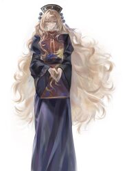 1girl ashi_(dongshi389) belt black_belt black_dress black_hat blonde_hair chinese_clothes closed_mouth crescent crescent_print dalachi_(headdress) dress hair_between_eyes hat highres juliet_sleeves junko_(touhou) long_hair long_sleeves looking_afar mandarin_collar neck_ribbon phoenix_print pom_pom_(clothes) puffy_sleeves red_eyes red_tabard ribbon sidelocks simple_background solo tabard tassel touhou wavy_hair white_background wide_sleeves yellow_ribbon