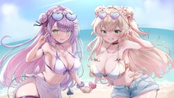 0806ohji absurdres bare_shoulders beach bikini bikini_under_shorts blonde_hair blue-tinted_eyewear blue_shorts breasts cleavage collarbone denim denim_shorts double_bun eyewear_on_head green_eyes hair_bun heart heart-shaped_eyewear highres hololive large_breasts long_hair momosuzu_nene ocean purple_bikini purple_hair purple_sarong sand sarong see-through_clothes see-through_sarong short_shorts shorts side-tie_bikini_bottom sunglasses swimsuit tinted_eyewear tokoyami_towa v virtual_youtuber white_bikini yellow_bikini