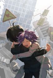 2boys ^_^ affectionate ahoge apocalypse arm_belt backlighting black_hair building checkered_clothes checkered_scarf closed_eyes commentary crumbling danganronpa_(series) danganronpa_v3:_killing_harmony flipped_hair glomp hair_between_eyes happy highres hug jacket light_particles light_rays long_sleeves male_focus multiple_boys oma_kokichi open_mouth outdoors pants purple_hair road_sign ruins saihara_shuichi scarf short_hair sign skyscraper smile striped_clothes striped_jacket teeth thigh_strap two-tone_scarf zai_ya