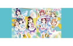 6+girls ahoge apron aqua_eyes artbook black_hair blonde_hair blue_bow blue_bowtie blue_eyes blue_hair blue_necktie bow bowtie braid brown_hair bubble dress flower green_bow green_bowtie grey_hair grin hair_bun hair_flower hair_ornament hair_rings hat highres hug kimi_no_kokoro_wa_kagayaiteru_kai? kunikida_hanamaru kurosawa_dia kurosawa_ruby long_hair looking_at_viewer love_live! love_live!_sunshine!! matsuura_kanan mole mole_under_mouth multiple_girls necktie non-web_source official_alternate_costume official_art ohara_mari open_mouth orange_hair pink_necktie ponytail purple_bow purple_bowtie purple_eyes purple_hair purple_necktie red_eyes red_hair red_necktie ribbon sakurauchi_riko salute short_hair smile takami_chika thighhighs tsushima_yoshiko watanabe_you yellow_bow yellow_bowtie yellow_eyes yellow_necktie