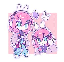 Rule 34 | 1girl, animal ear headphones, animal ears, aubrey (birthday) (omori), aubrey (faraway) (omori), aubrey (omori), bag charm, blue bow, blue eyes, bow, braid, character charm, charm (object), chibi, chibi only, closed mouth, crop top, cupcake bunny (omori), denim, fake animal ears, forest bunny? (omori), forest bunny (omori), hair bow, hair ornament, hairclip, headphones, highres, higiki, jacket, jeans, long hair, long sleeves, low twin braids, mr. plantegg (omori), navel, omori, pants, pink hair, pink jacket, rabbit ear headphones, shoes, sneakers, solo, torn clothes, torn jeans, torn pants, twin braids