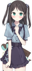 Rule 34 | 1girl, absurdres, airi (blue archive), belt, black belt, black bow, black bowtie, black hair, black skirt, blue archive, blue bow, blue shirt, blush, bow, bowtie, collared shirt, commentary request, frilled skirt, frills, green eyes, green halo, hair bow, halo, hanasaki rin, highres, looking at viewer, multiple belts, shirt, skirt, solo, striped bow, suspender skirt, suspenders, two side up, white background