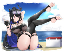 1girl aidoruhakase ass asymmetrical_horns beach black_gloves black_hair black_nails black_one-piece_swimsuit black_thighhighs blue_hair blue_sky cloud cooler day demon_horns eyewear_on_head feet fingerless_gloves full_body gloves heart heart-shaped_pupils high_ponytail highres hololive hololive_english horns indoors mole mole_on_ass mole_under_eye multicolored_hair nail_polish nerissa_ravencroft nerissa_ravencroft_(holonatsu_paradise) one-piece_swimsuit outdoors ponytail red_eyes sky solo sunglasses swimsuit symbol-shaped_pupils thighhighs thighs toenail_polish toenails toes two-tone_hair uneven_horns virtual_youtuber
