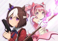 2girls absurdres animal_ears backpack bag bow brown_hair closed_mouth cosplay dress ear_bow ear_ribbon fire flower-shaped_pupils gun hairband handgun haru_urara_(umamusume) highres holding holding_gun holding_weapon horse_ears horse_girl horse_tail kaname_madoka kaname_madoka_(cosplay) lycoris_recoil lycoris_uniform m1911 mahou_shoujo_madoka_magica mahou_shoujo_madoka_magica_(anime) moko39_takasora multicolored_hair multiple_girls nishikigi_chisato nishikigi_chisato_(cosplay) pink_dress pink_fire pink_hair ponytail puffy_short_sleeves puffy_sleeves purple_eyes purple_ribbon red_dress red_hairband ribbon short_sleeves special_week_(umamusume) symbol-shaped_pupils tail two-tone_hair umamusume v-shaped_eyebrows weapon white_bow white_hair