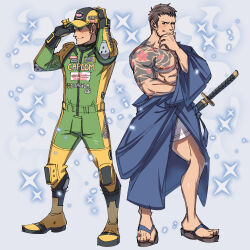 Rule 34 | 2boys, adjusting clothes, adjusting headwear, arm tattoo, bara, black gloves, black hair, bodysuit, boots, chest tattoo, chris redfield, closed mouth, gloves, green bodysuit, highres, kalamari, large pectorals, male focus, multiple boys, muscular, muscular male, nipples, official alternate costume, pectorals, piers nivans, resident evil, resident evil 6, short hair, smile, sword, tattoo, two-tone bodysuit, weapon, yellow bodysuit