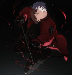 1boy archer_(fate) archer_(fate)_(cosplay) black_boots black_gloves black_pants boots cleft_chin closed_mouth coat commentary cosplay dark-skinned_male dark_skin english_commentary family_guy fat fat_man fate_(series) gloves highres kowai_(iamkowai) male_focus pants peter_griffin red_coat short_hair solo very_short_hair white_hair