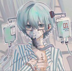 1girl alternate_hair_length alternate_hair_ornament alternate_hairstyle bandaged_neck bandages bandaid bandaid_on_face blue_hair character_name chinese_commentary commentary_request earphones grey_eyes hair_between_eyes hatsune_miku highres intravenous_drip long_sleeves looking_at_viewer oxygen_mask procreate_(medium) scar scar_on_chest shirt shiyu1057 short_hair solo sp;p stitched_torso stitches striped_clothes striped_shirt upper_body vertical-striped_clothes vertical-striped_shirt vocaloid white_shirt