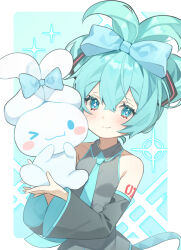 Rule 34 | &gt; o, + +, 1girl, :3, aqua hair, aqua necktie, aqua trim, arm tattoo, bare shoulders, blue bow, blue eyes, blush, blush stickers, border, bow, cinnamiku, cinnamoroll, closed mouth, collared shirt, commentary, creature, crossed bangs, detached sleeves, fuwa fuwa cinnamoroll, grey shirt, grey sleeves, hair between eyes, hair bow, hair ornament, hair up, hatsune miku, highres, holding, holding creature, long hair, long sleeves, necktie, number tattoo, one eye closed, outside border, p changgun, sanrio, shirt, sleeveless, sleeveless shirt, smile, sparkle, tattoo, upper body, vocaloid, white border, wide sleeves, wing collar