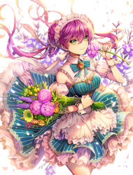 1girl apron blue_bow blue_bowtie blue_dress bouquet bow bowtie braid breasts cleavage closed_mouth cowboy_shot dress ells floating_hair flower frilled_apron frills gem green_eyes hair_between_eyes holding holding_bouquet holding_flower layered_skirt long_hair maid_headdress medium_breasts original pink_hair red_gemstone skirt smile solo striped_bow striped_bowtie striped_clothes striped_dress twintails vertical-striped_clothes vertical-striped_dress very_long_hair waist_apron white_apron white_wrist_cuffs wrist_cuffs
