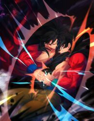 2boys black_hair blue_sash body_fur clenched_hand closed_mouth dougi dragon_ball dragon_ball_gt dragon_ball_heroes duel fighting fighting_stance long_hair male_focus monkey_boy monkey_tail multiple_boys muscular ommmyoh open_mouth pants punching red_fur saiyan sash smile smirk son_goku son_goku_(xeno) spiked_hair super_saiyan super_saiyan_4 tail teeth time_patrol_(dragon_ball) twitter_username veins veiny_hands yellow_eyes yellow_pants